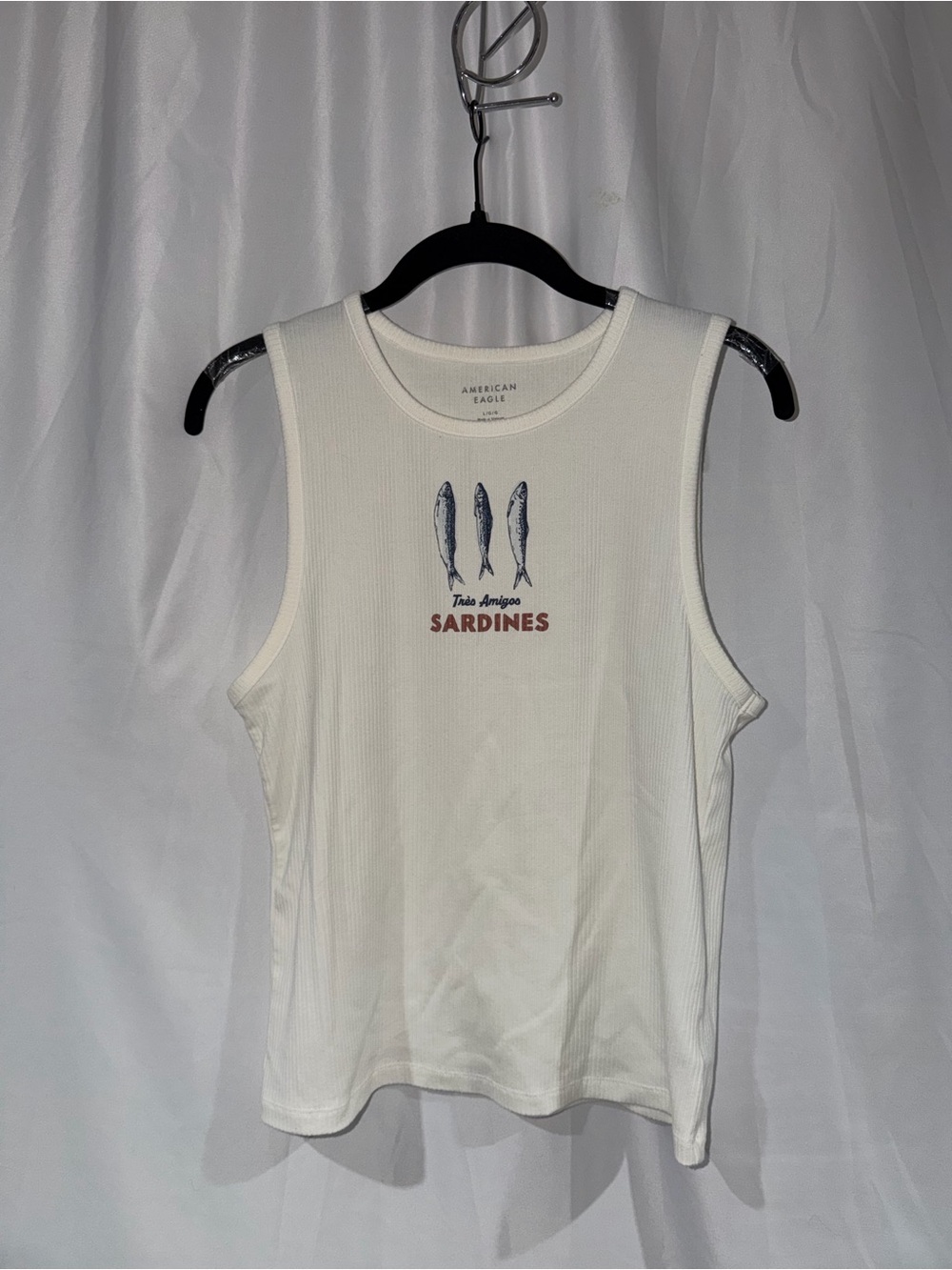 American Eagle Outfitters Tank Top White Ribbed Navy Sardines Graphic Print L